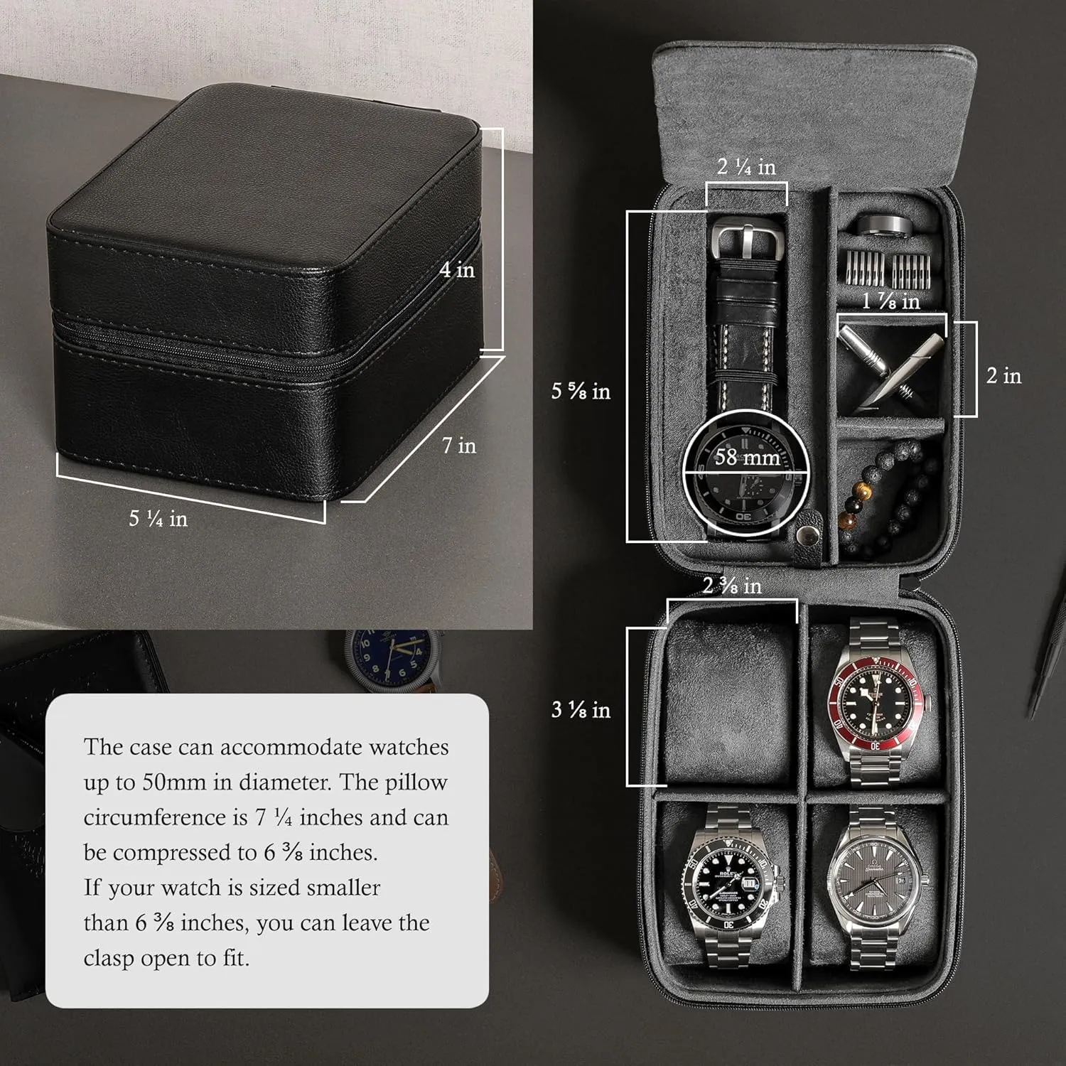 ROTHWELL 5 Watch Travel Case Storage Organizer for 5 Watches | Tough Portable Protection w/Zipper Fits All Wristwatches & Smart Watches Up to 50mm (Black/Grey)