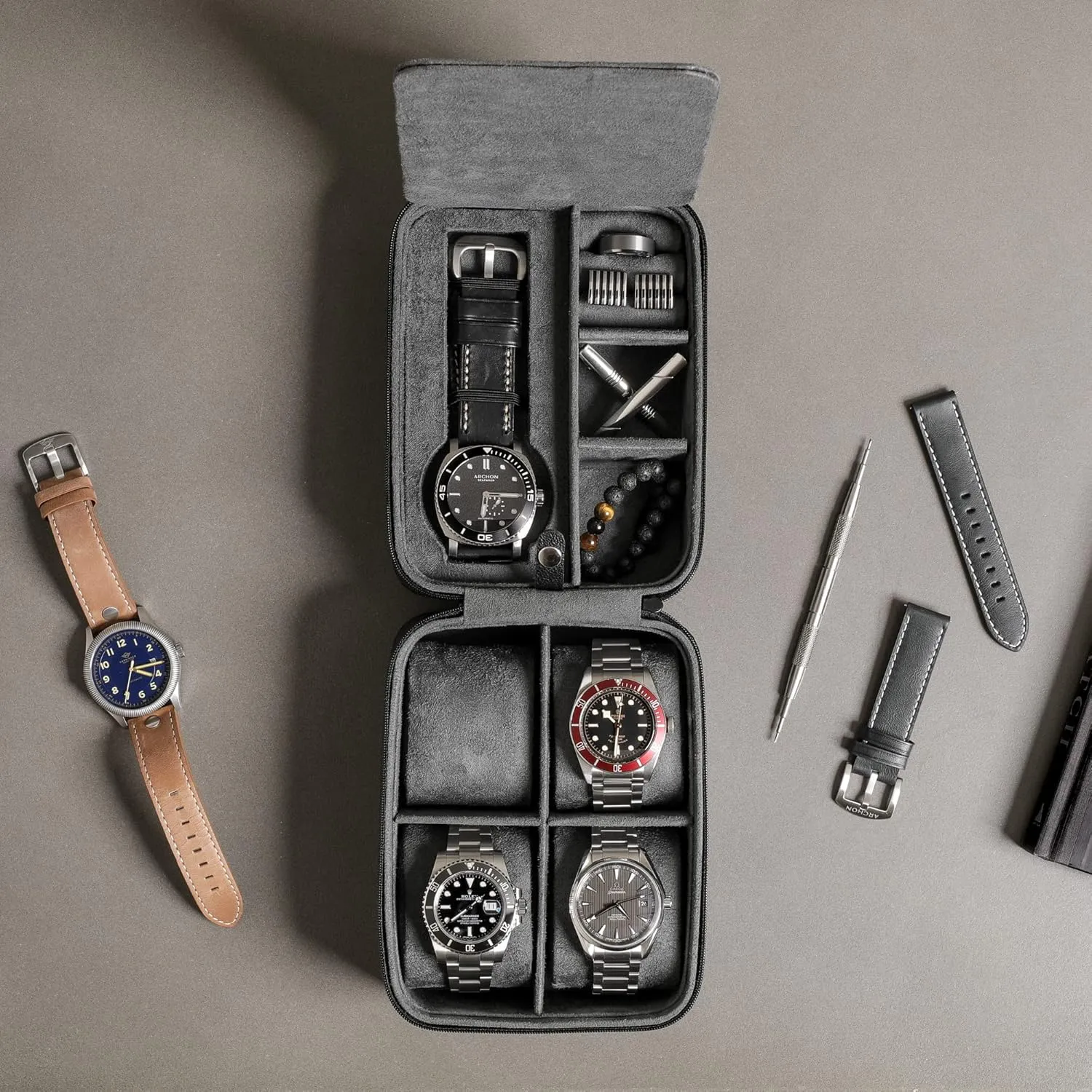 ROTHWELL 5 Watch Travel Case Storage Organizer for 5 Watches | Tough Portable Protection w/Zipper Fits All Wristwatches & Smart Watches Up to 50mm (Black/Grey)