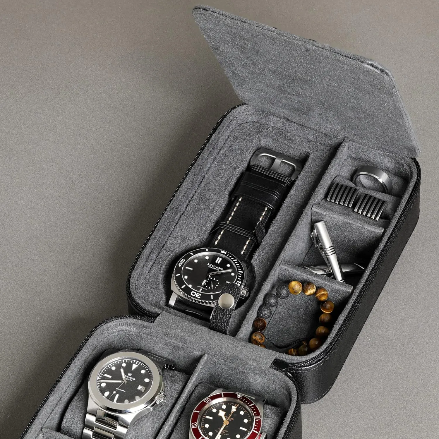 ROTHWELL 5 Watch Travel Case Storage Organizer for 5 Watches | Tough Portable Protection w/Zipper Fits All Wristwatches & Smart Watches Up to 50mm (Black/Grey)