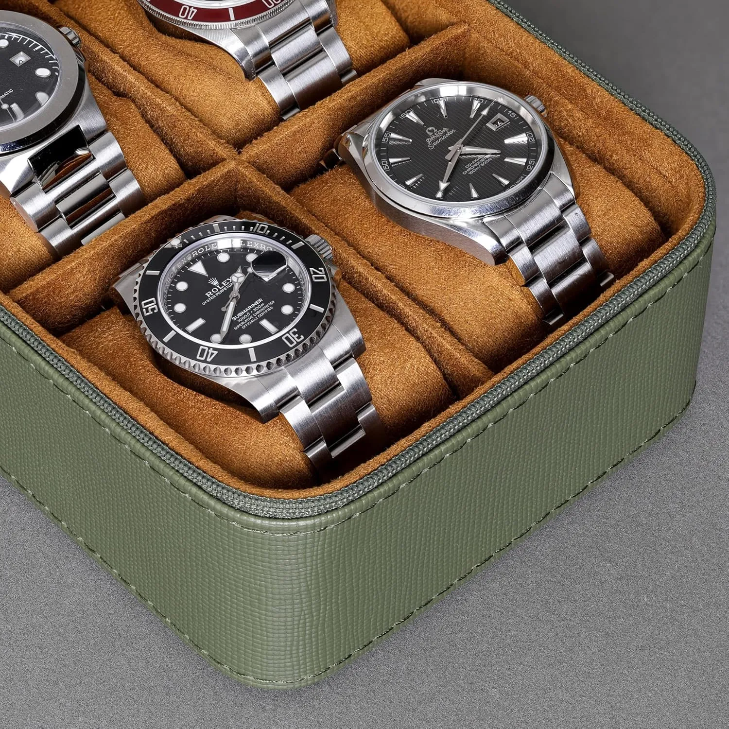 ROTHWELL 5 Watch Travel Case Storage Organizer for 5 Watches | Tough Portable Protection w/Zipper Fits All Wristwatches & Smart Watches Up to 50mm (Green/Tan)
