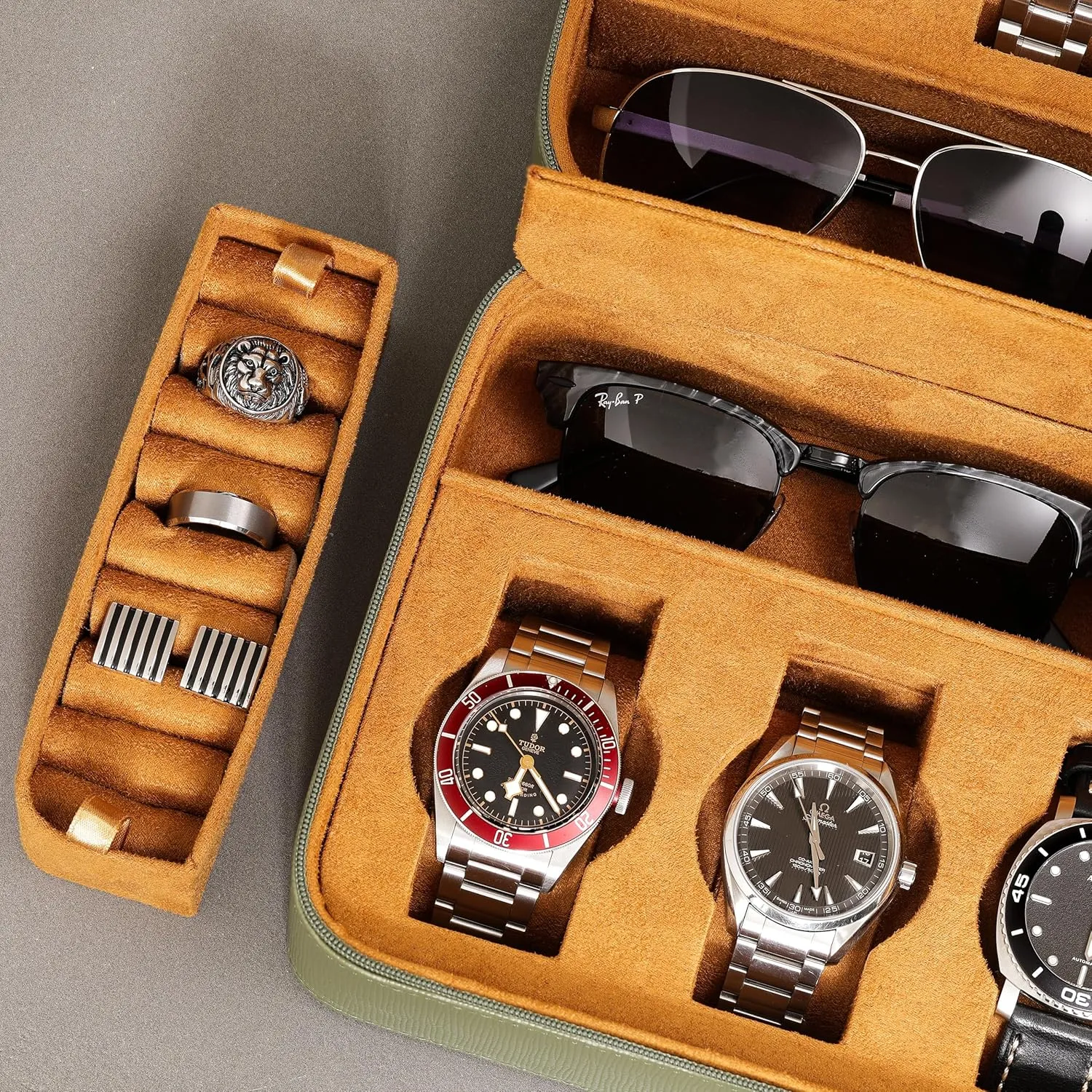 ROTHWELL 8 Watch Travel Case Storage Organizer for 8 Watches, Sunglasses, Rings & Cufflinks |Tough Portable Protection with Zipper Fits Most Wristwatches & Smart Watches Up to 50mm (Green/Tan)