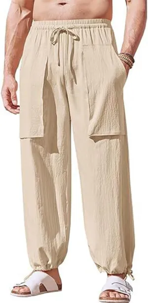 RTTUIOP Linen Pants Men Casual Beach Baggy Relaxed Fit Trousers Lightweight Elastic Waist Summer Pants with Pockets