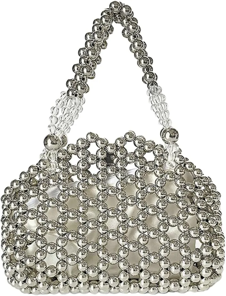 Rungion Acrylic Beaded Hollow Handbag for Women Evening Clutch Triangle Purses Summer Beach Woven Wrist Bag for Party