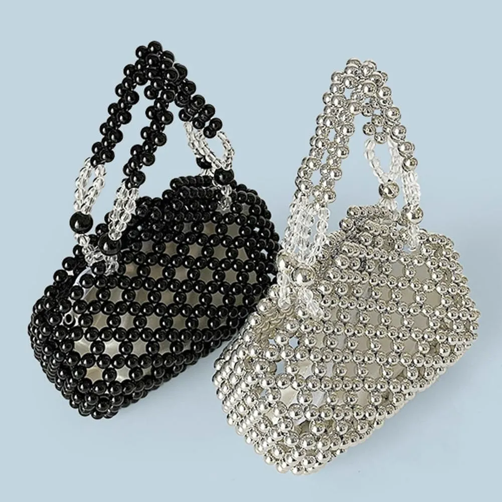 Rungion Acrylic Beaded Hollow Handbag for Women Evening Clutch Triangle Purses Summer Beach Woven Wrist Bag for Party