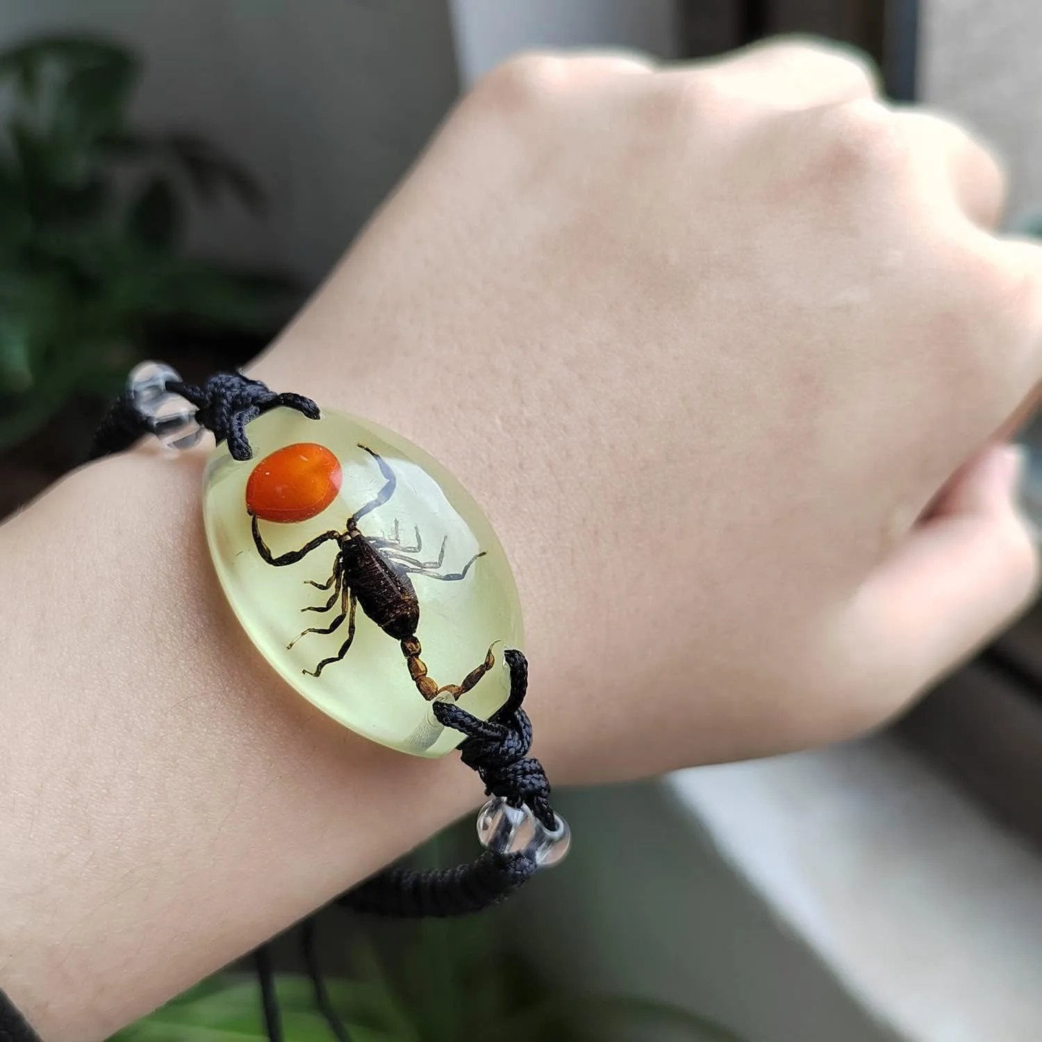 Scorpion Bracelet Glow Bracelet Handmade Bug Bracelets Scorpion Specimen Resin Bracelet Amber Resin Mens Woven Bracelets Glow in the Dark Bracelets Gift for Friends