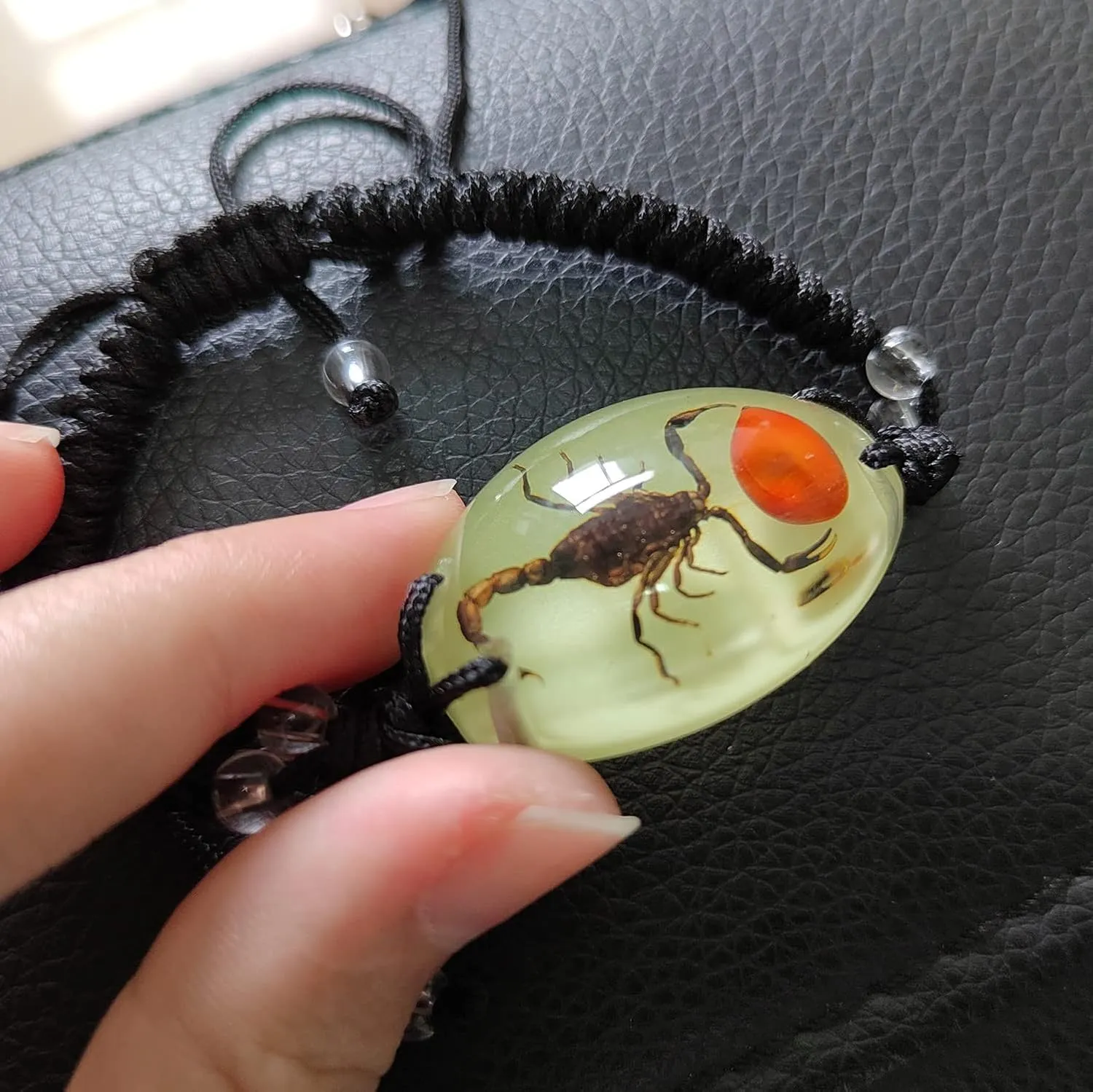 Scorpion Bracelet Glow Bracelet Handmade Bug Bracelets Scorpion Specimen Resin Bracelet Amber Resin Mens Woven Bracelets Glow in the Dark Bracelets Gift for Friends