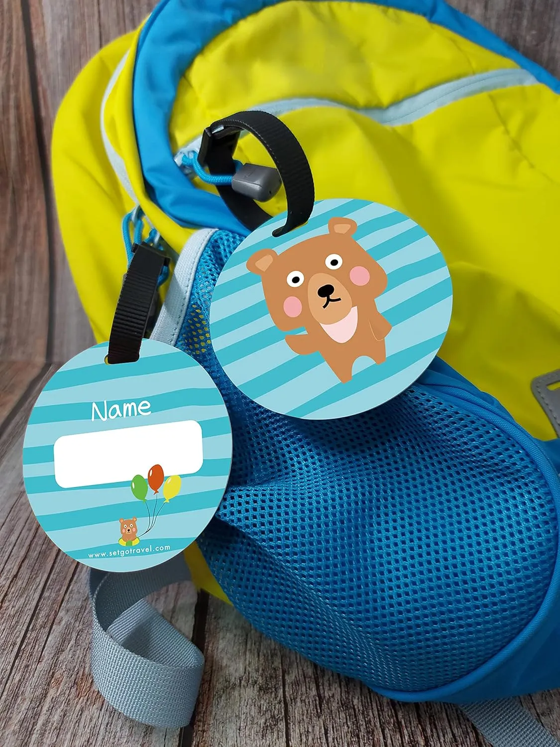 SetGo Cute Animal Name Tag for Kids, Plastic Backpack Tag, Set of 2, Customized Tag  Great for Boys and Girls at School Daycare Kindergarten (Bear)