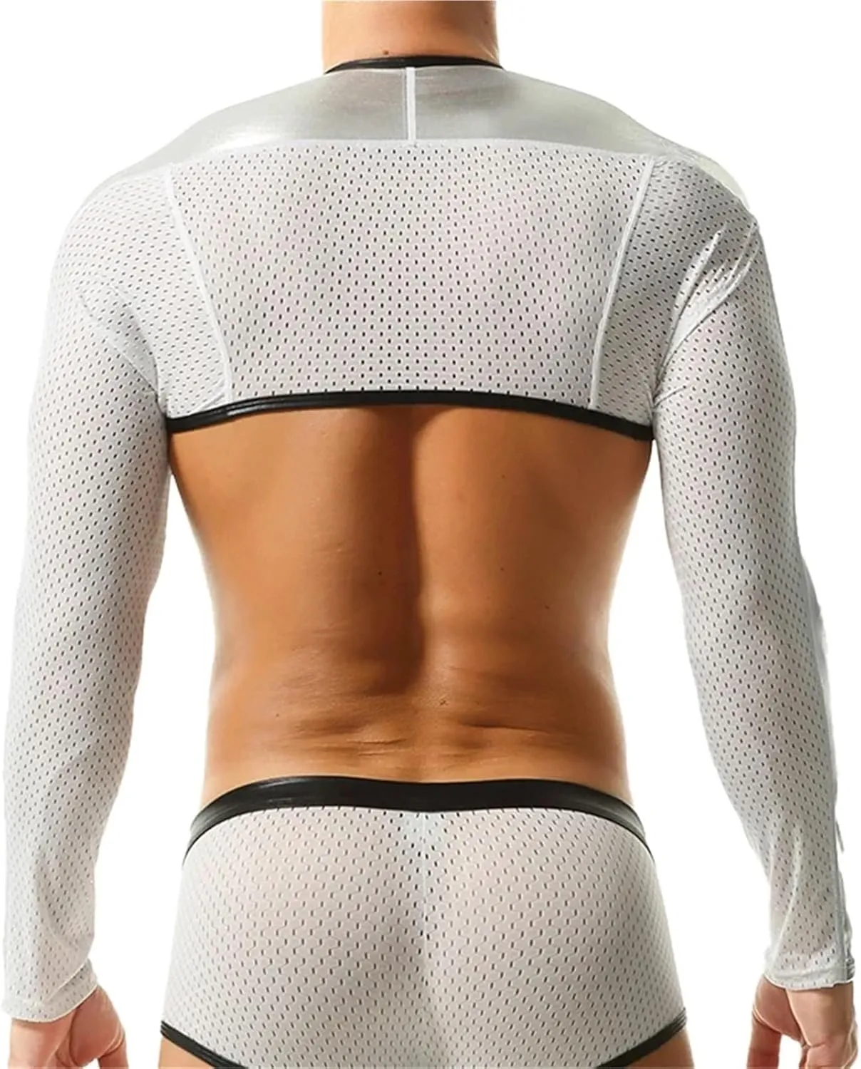 Sexy Mens Body Chest Harness Splicing Mesh Faux Leather Arm Sleeves Long Sleeve Crop Tops Party Club Shoulder Strap