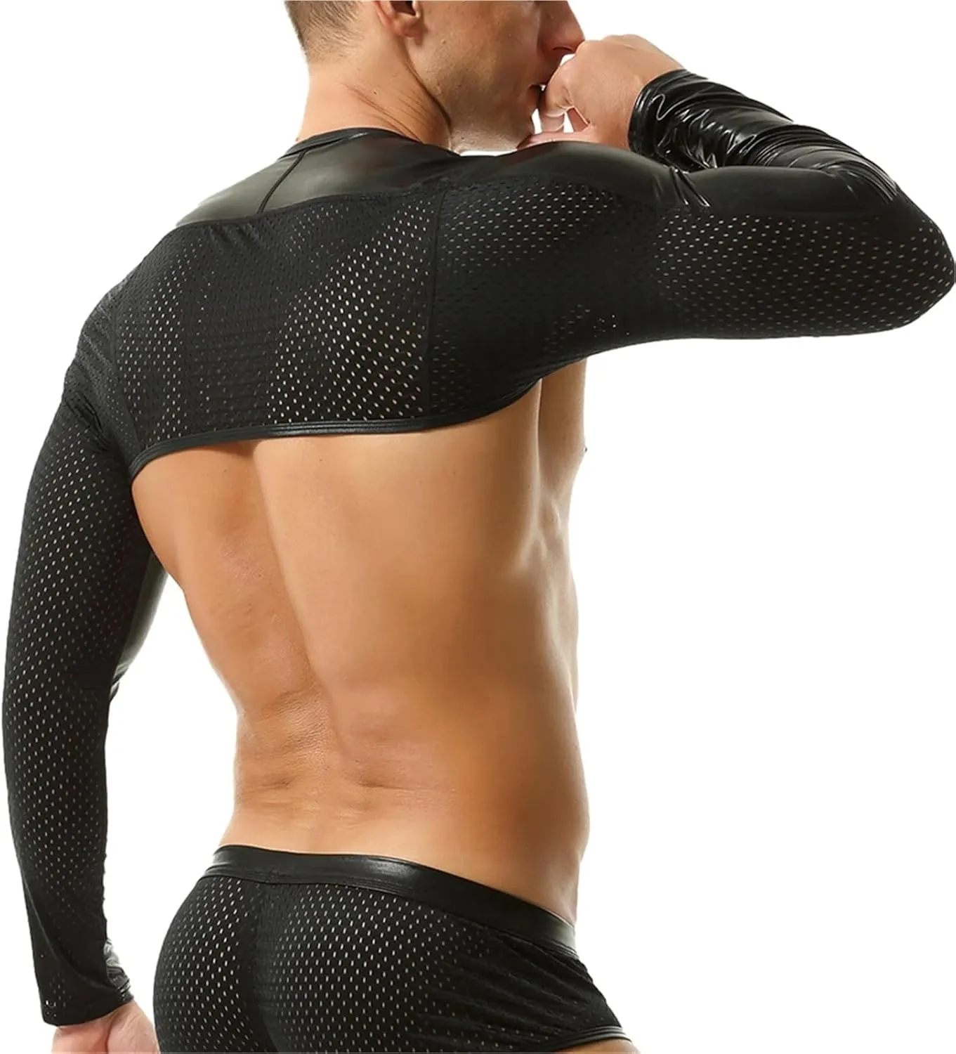 Sexy Mens Body Chest Harness Splicing Mesh Faux Leather Arm Sleeves Long Sleeve Crop Tops Party Club Shoulder Strap