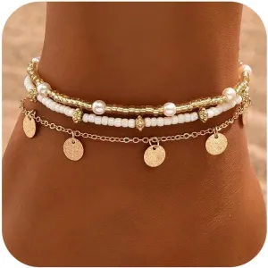 Shell Ankle Bracelet Set for Women, 14K Gold Boho Bead Adjustable Anklet, Hawaiian Beach Seashell Pearl Heart Starfish Conch Foot Jewelry Gifts