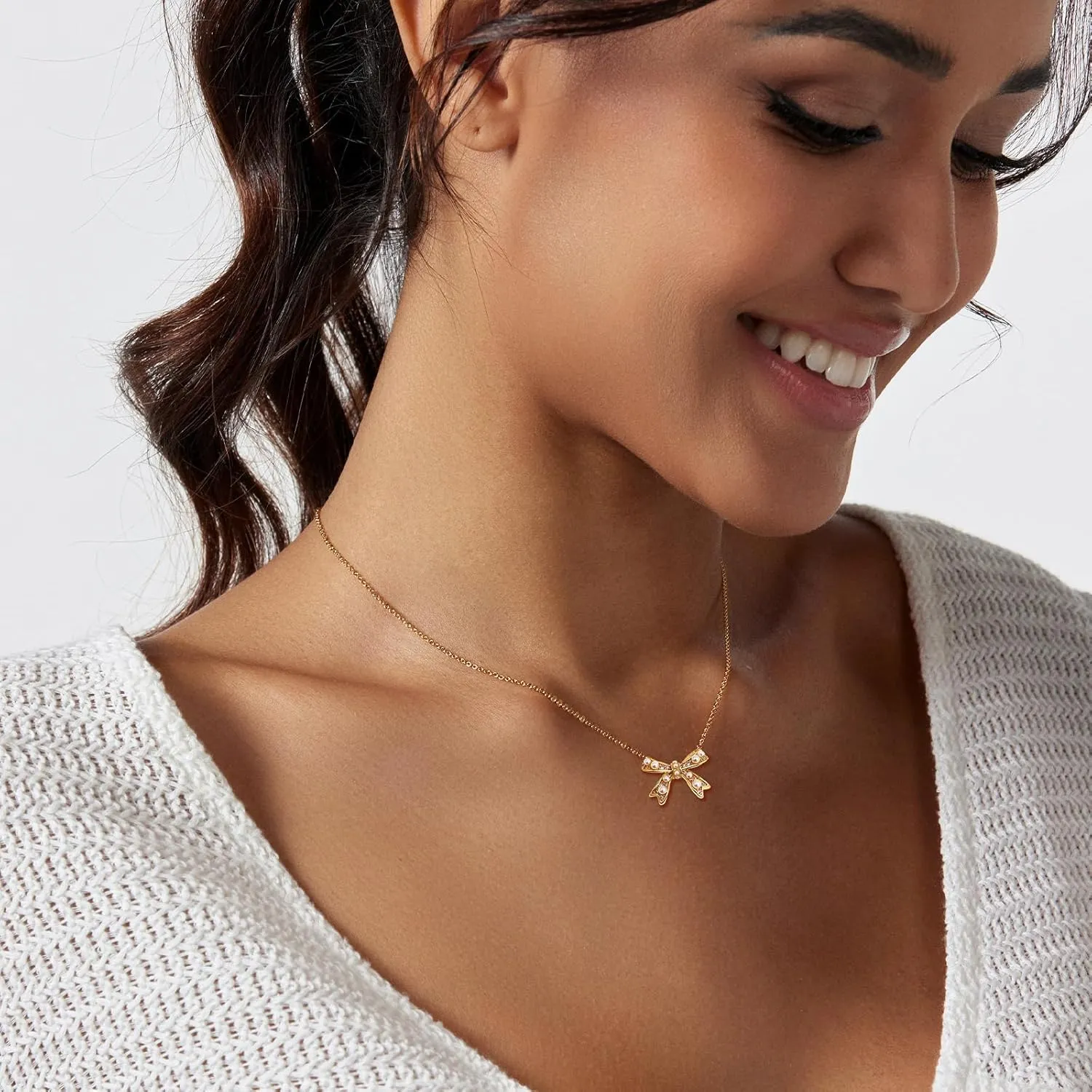 Silver 6MM Cream White Round Pearl Choker, 14K Gold Plated Dainty Cross Bow Lobster Clasp Necklace for Women Jewelry Gifts