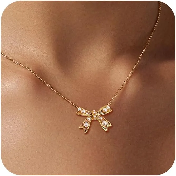 Silver 6MM Cream White Round Pearl Choker, 14K Gold Plated Dainty Cross Bow Lobster Clasp Necklace for Women Jewelry Gifts