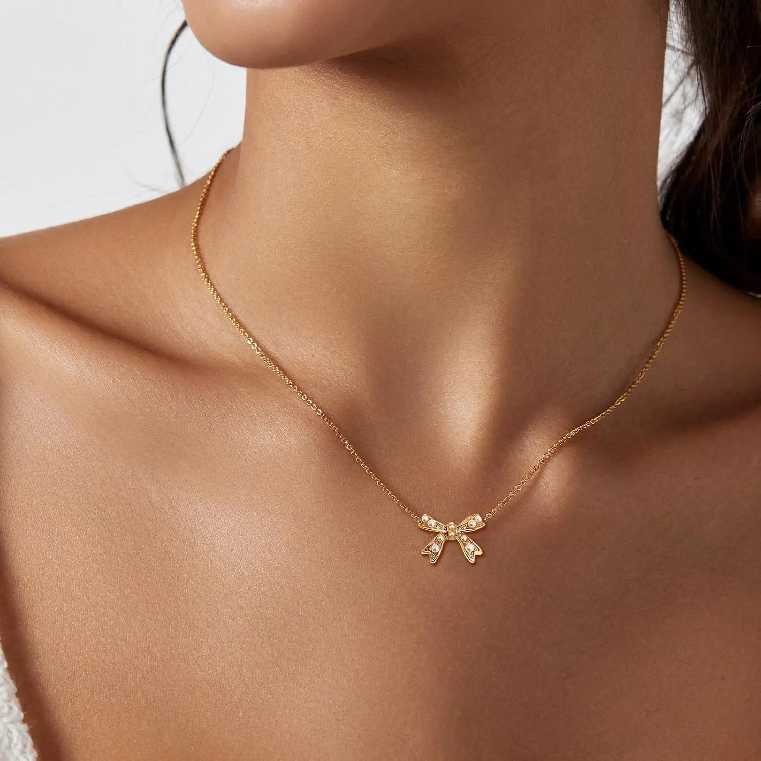 Silver 6MM Cream White Round Pearl Choker, 14K Gold Plated Dainty Cross Bow Lobster Clasp Necklace for Women Jewelry Gifts