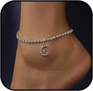 Silver Ankle Bracelets for Women Waterproof Adjustable Rhinestone Butterfly Anklets Layered Heart Moon Ankle Bracelets Summer Beach Foot Chain Jewelry