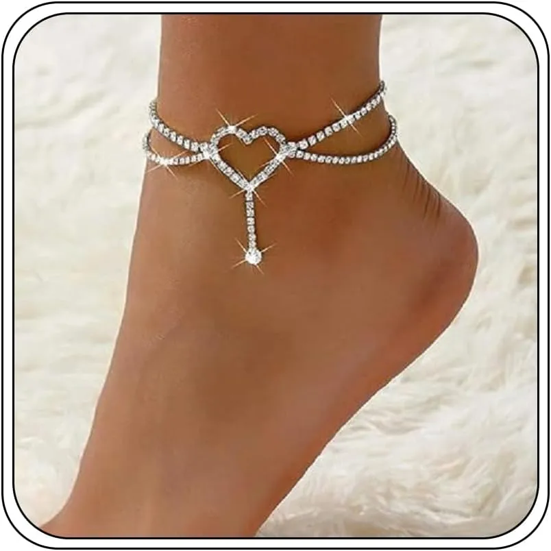 Silver Anklets for Women, Heart Rhinestone Trendy Tennis Anklet Elastic Beaded Beach Double Layered Adjustable Ankle Bracelets Jewelry Gifts