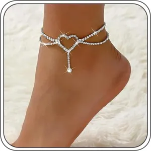 Silver Anklets for Women, Heart Rhinestone Trendy Tennis Anklet Elastic Beaded Beach Double Layered Adjustable Ankle Bracelets Jewelry Gifts