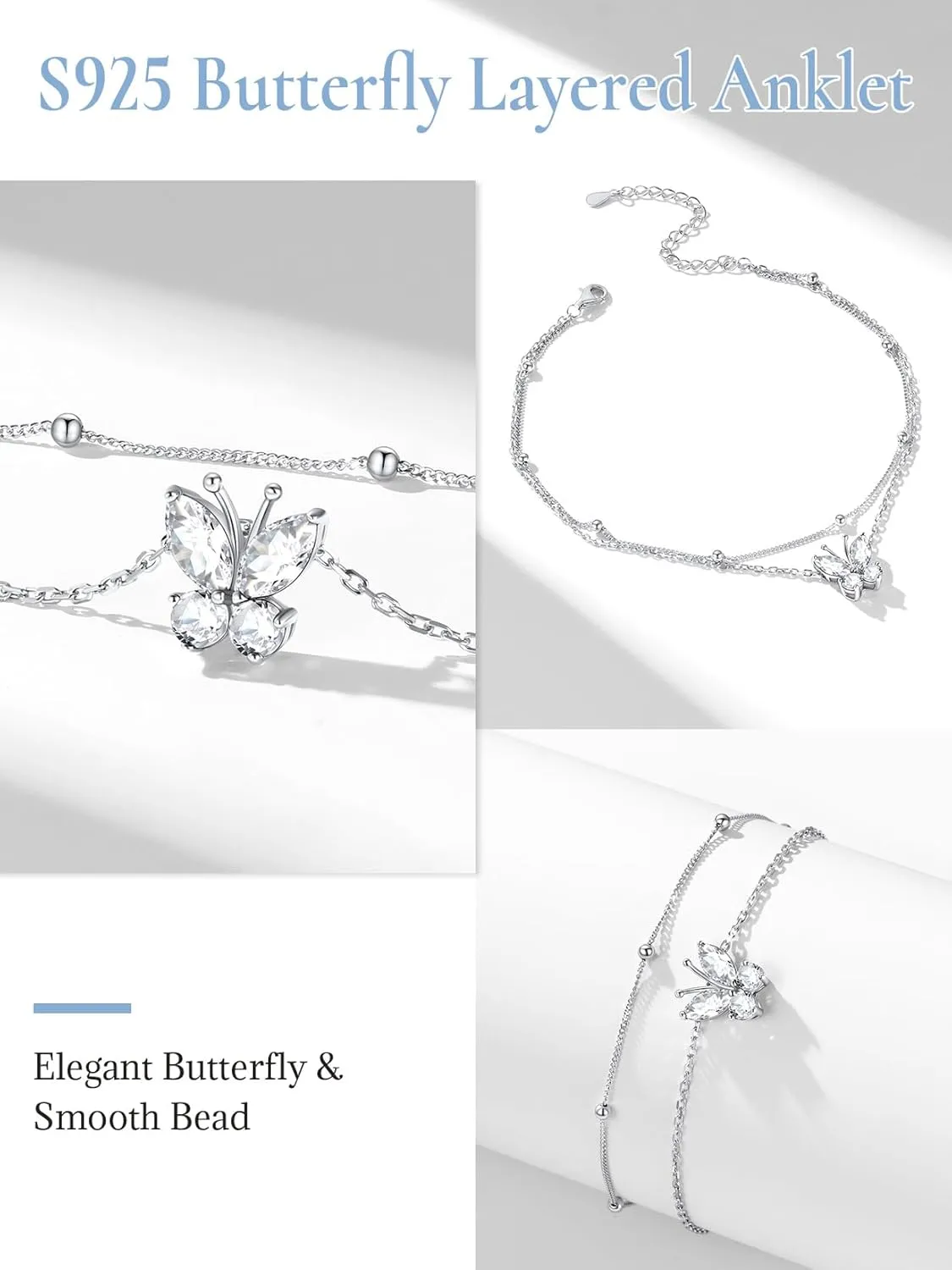SILVERCUTE Silver Anklets for Women Cute Butterfly Jewelry 925 Sterling Silver Anklets Waterproof Summer Beach Foot Bracelet January to December Birthstone Anklet 22-27cm
