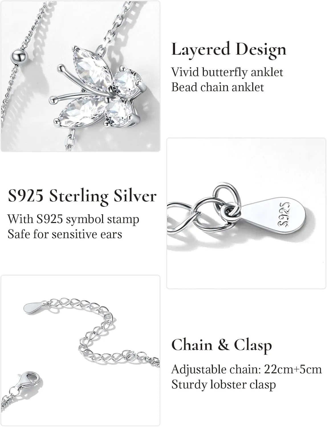SILVERCUTE Silver Anklets for Women Cute Butterfly Jewelry 925 Sterling Silver Anklets Waterproof Summer Beach Foot Bracelet January to December Birthstone Anklet 22-27cm