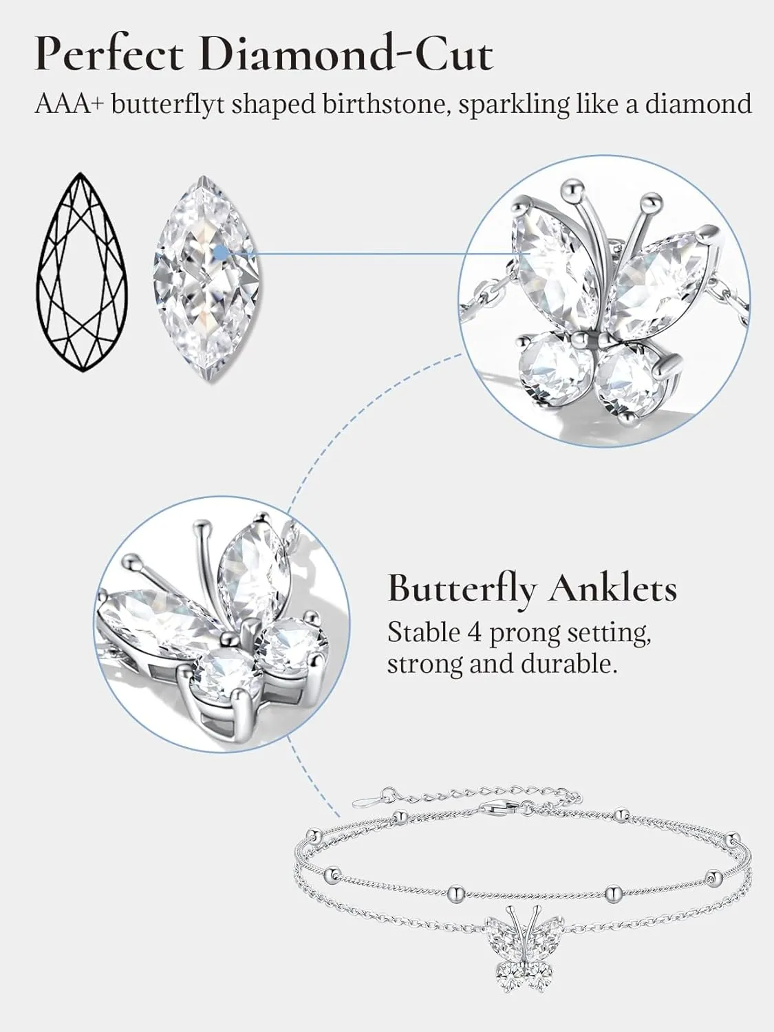 SILVERCUTE Silver Anklets for Women Cute Butterfly Jewelry 925 Sterling Silver Anklets Waterproof Summer Beach Foot Bracelet January to December Birthstone Anklet 22-27cm