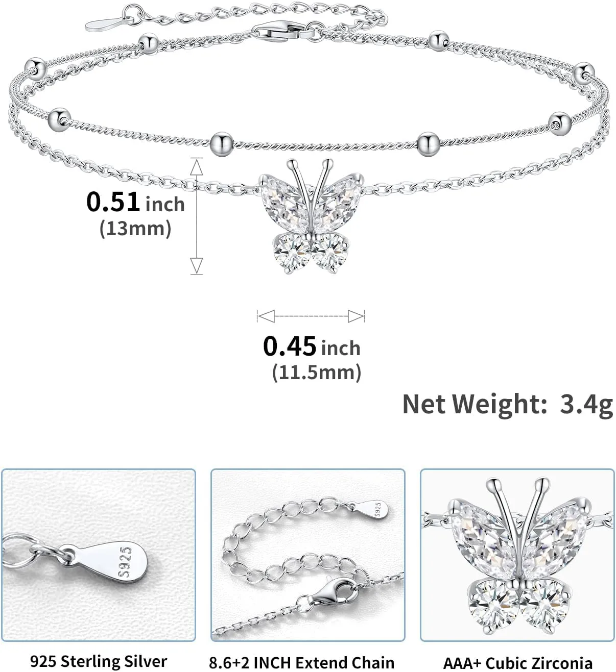 SILVERCUTE Silver Anklets for Women Cute Butterfly Jewelry 925 Sterling Silver Anklets Waterproof Summer Beach Foot Bracelet January to December Birthstone Anklet 22-27cm