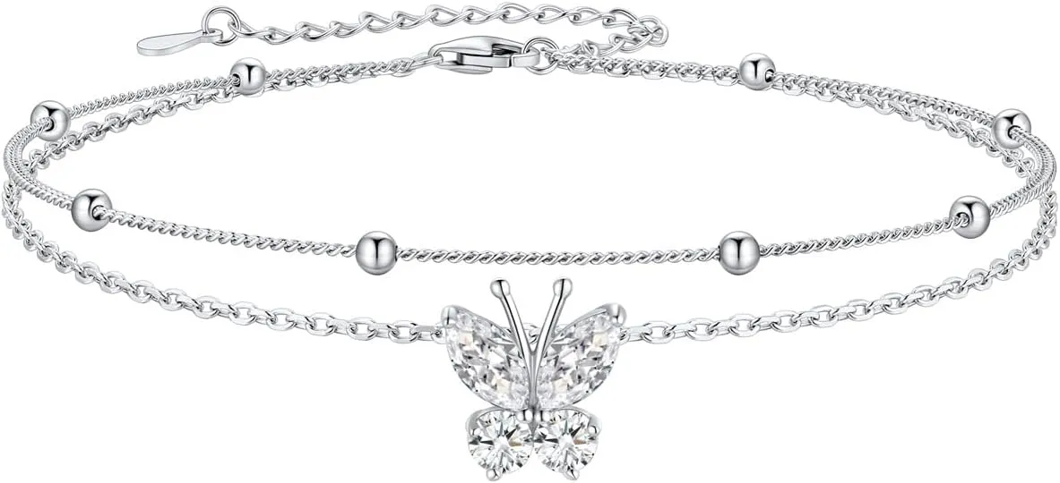 SILVERCUTE Silver Anklets for Women Cute Butterfly Jewelry 925 Sterling Silver Anklets Waterproof Summer Beach Foot Bracelet January to December Birthstone Anklet 22-27cm