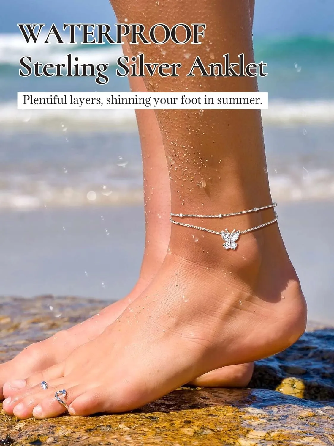 SILVERCUTE Silver Anklets for Women Cute Butterfly Jewelry 925 Sterling Silver Anklets Waterproof Summer Beach Foot Bracelet January to December Birthstone Anklet 22-27cm