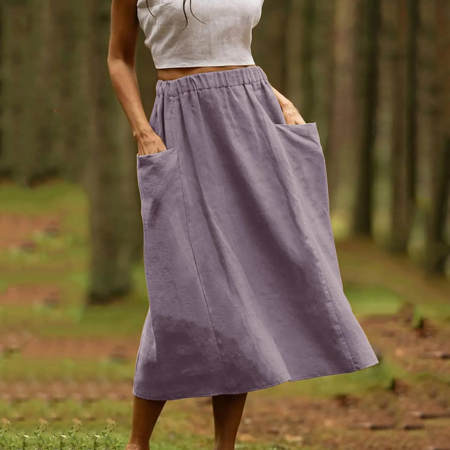 Skirt for Women Fall Casual High Waist Pleated A-Line Skirts Midi Long Length Cotton Linne Skirt with Pockets