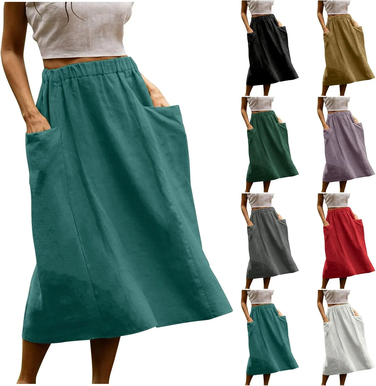 Skirt for Women Fall Casual High Waist Pleated A-Line Skirts Midi Long Length Cotton Linne Skirt with Pockets