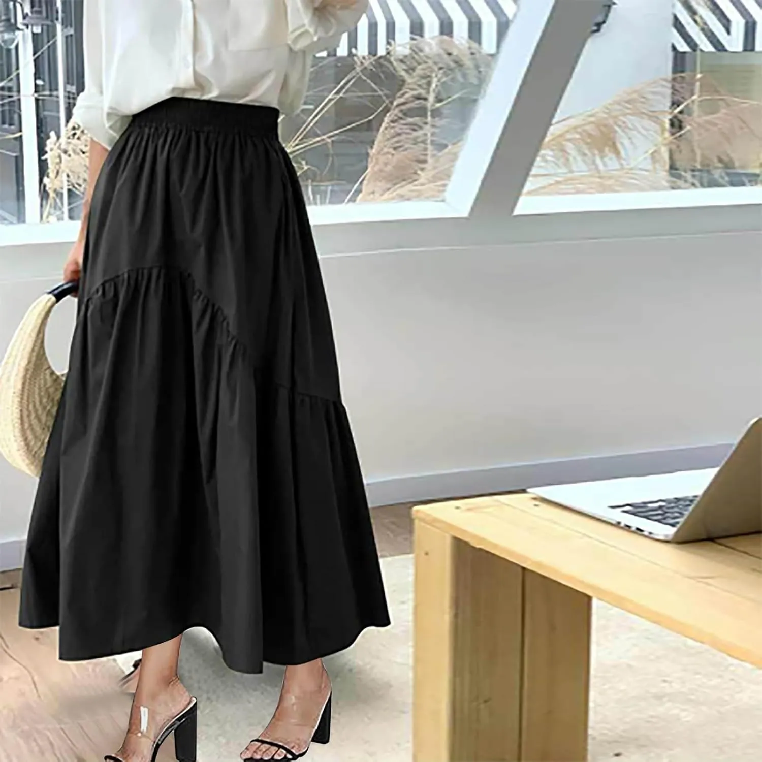 Skirts for Women Fall Elastic High Waist Swing Skirts Casual Pleated a Line Midi Skirt Trendy Baggy Half Skirt