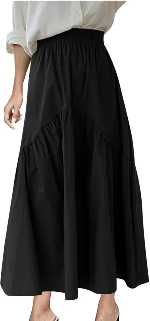 Skirts for Women Fall Elastic High Waist Swing Skirts Casual Pleated a Line Midi Skirt Trendy Baggy Half Skirt