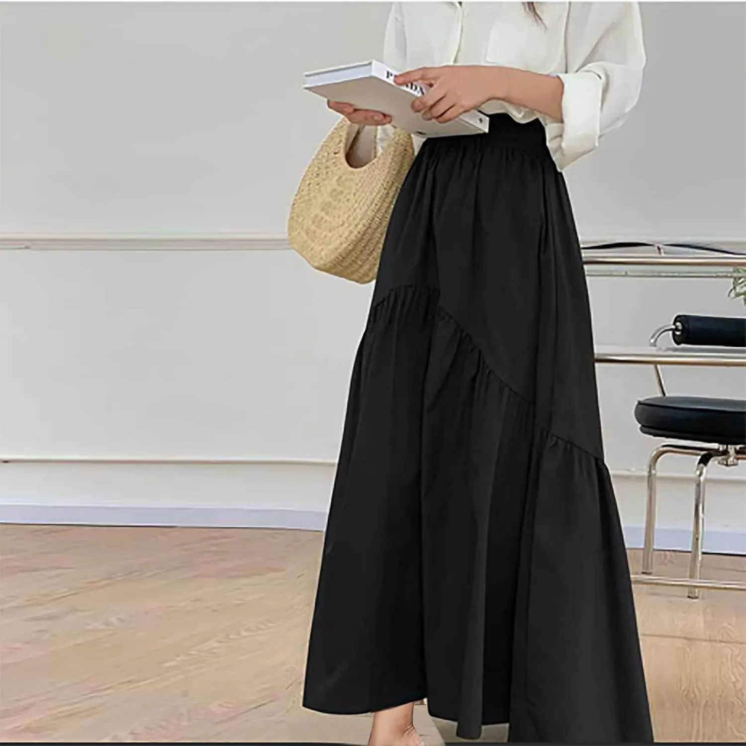 Skirts for Women Fall Elastic High Waist Swing Skirts Casual Pleated a Line Midi Skirt Trendy Baggy Half Skirt