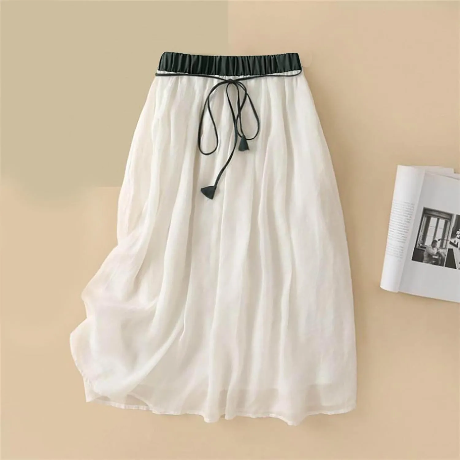 Skirts for Women Fall Spring Elastic Waist Double Layer Skirt Ethic Linen Long Skirts Comfy Loose Fit Midi Skirt
