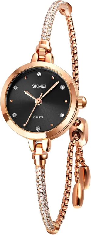 SKMEI Women Watches Bracelet Diamond Ladies Female Small Rose Gold Fashion Luxury Thin Waterproof Analog Quartz Casual Girls Wife Gifts Silver Wrist Watch