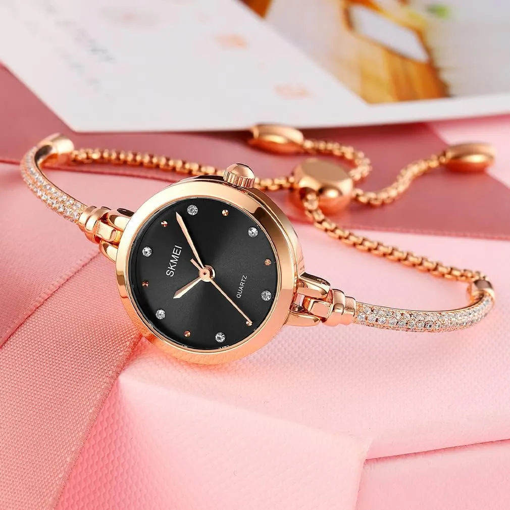 SKMEI Women Watches Bracelet Diamond Ladies Female Small Rose Gold Fashion Luxury Thin Waterproof Analog Quartz Casual Girls Wife Gifts Silver Wrist Watch