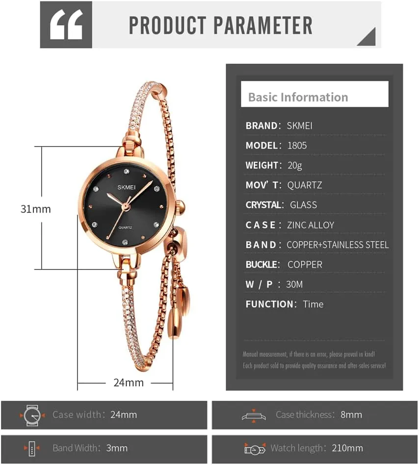 SKMEI Women Watches Bracelet Diamond Ladies Female Small Rose Gold Fashion Luxury Thin Waterproof Analog Quartz Casual Girls Wife Gifts Silver Wrist Watch