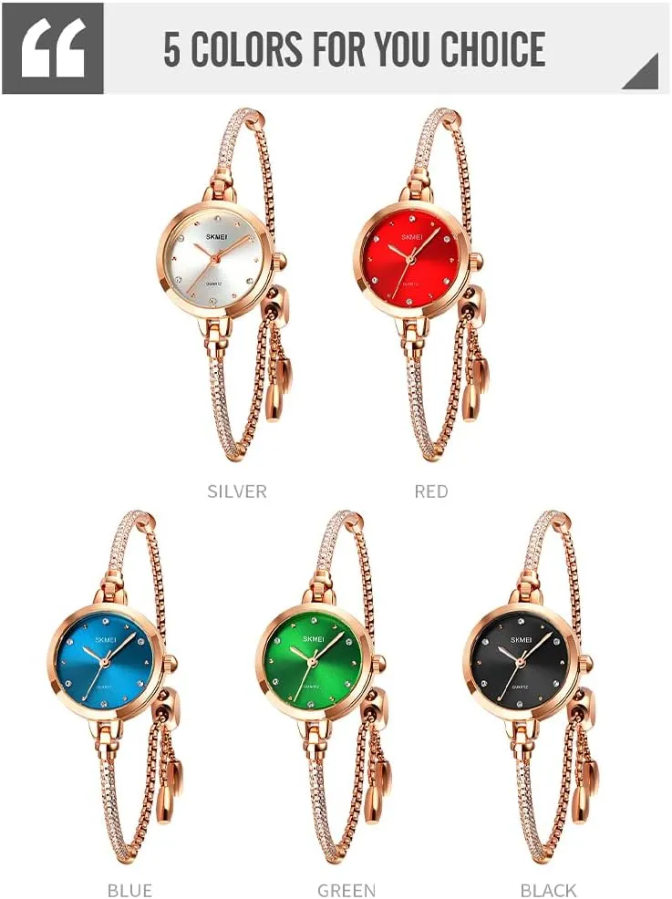 SKMEI Women Watches Bracelet Diamond Ladies Female Small Rose Gold Fashion Luxury Thin Waterproof Analog Quartz Casual Girls Wife Gifts Silver Wrist Watch