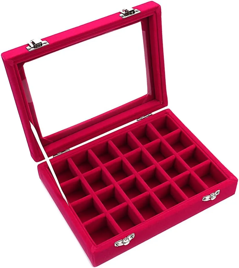 Sky Piea 24 Grid Velvet Glass Jewelry Box Jewellery Organiser Earring Ring Storage Holder Case Box (Rose Red)