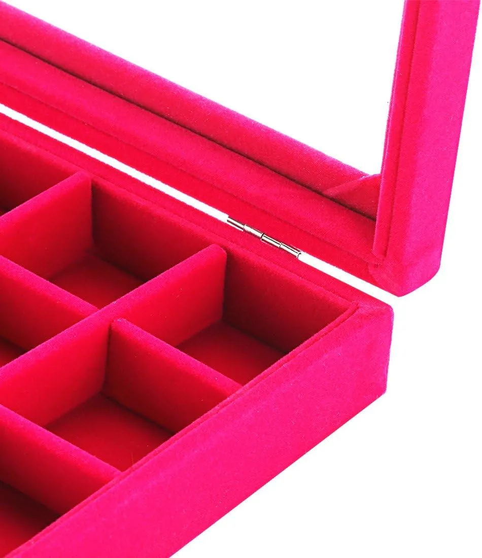 Sky Piea 24 Grid Velvet Glass Jewelry Box Jewellery Organiser Earring Ring Storage Holder Case Box (Rose Red)