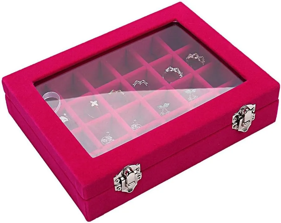Sky Piea 24 Grid Velvet Glass Jewelry Box Jewellery Organiser Earring Ring Storage Holder Case Box (Rose Red)