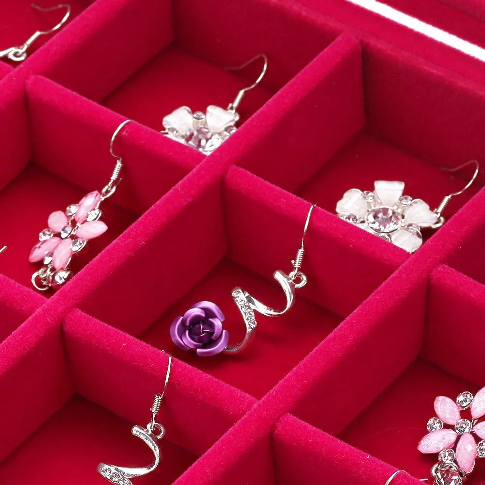 Sky Piea 24 Grid Velvet Glass Jewelry Box Jewellery Organiser Earring Ring Storage Holder Case Box (Rose Red)