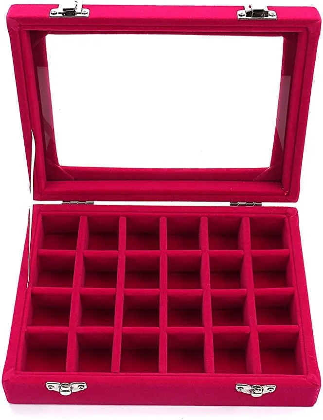 Sky Piea 24 Grid Velvet Glass Jewelry Box Jewellery Organiser Earring Ring Storage Holder Case Box (Rose Red)