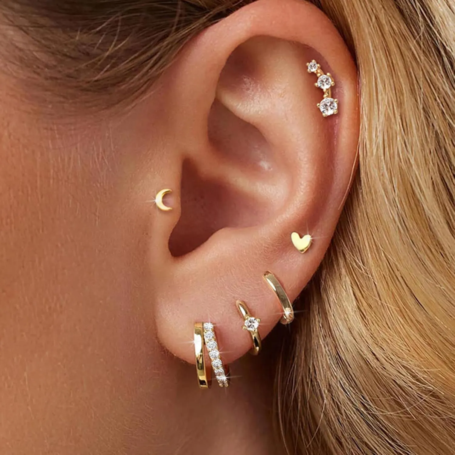 Small Gold Hoop Earrings for Women Dainty Gold Earrings, 14K Gold Plated Hypoallergenic Stud Earrings Set Cartilage Earrings for Multiple Piercing for Women
