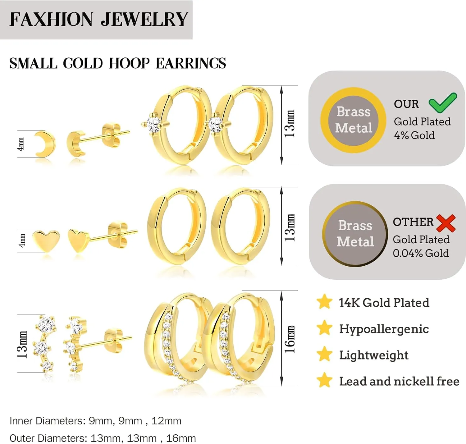 Small Gold Hoop Earrings for Women Dainty Gold Earrings, 14K Gold Plated Hypoallergenic Stud Earrings Set Cartilage Earrings for Multiple Piercing for Women