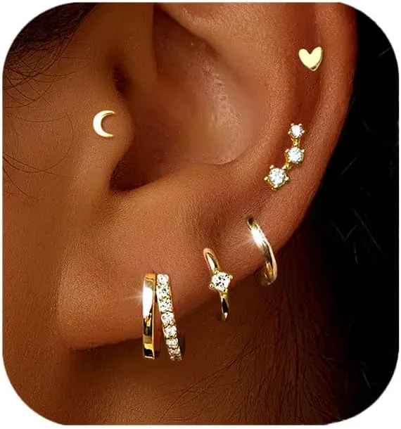 Small Gold Hoop Earrings for Women Dainty Gold Earrings, 14K Gold Plated Hypoallergenic Stud Earrings Set Cartilage Earrings for Multiple Piercing for Women