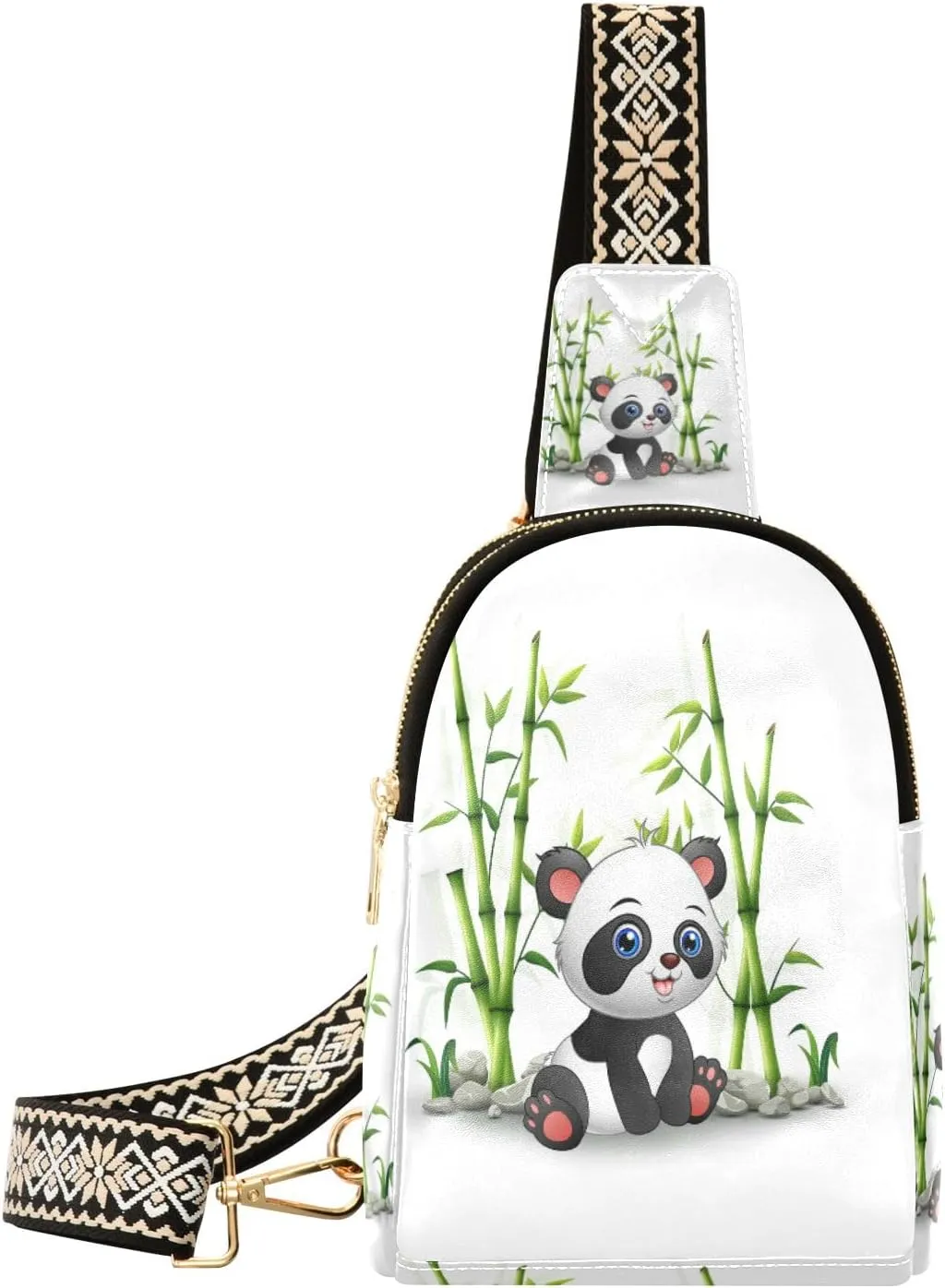 Small Sling Bag Waist Packs Leather Crossbody Packs Chest Bag Cartoon Panda Bamboo for Women Travel Belt Purse