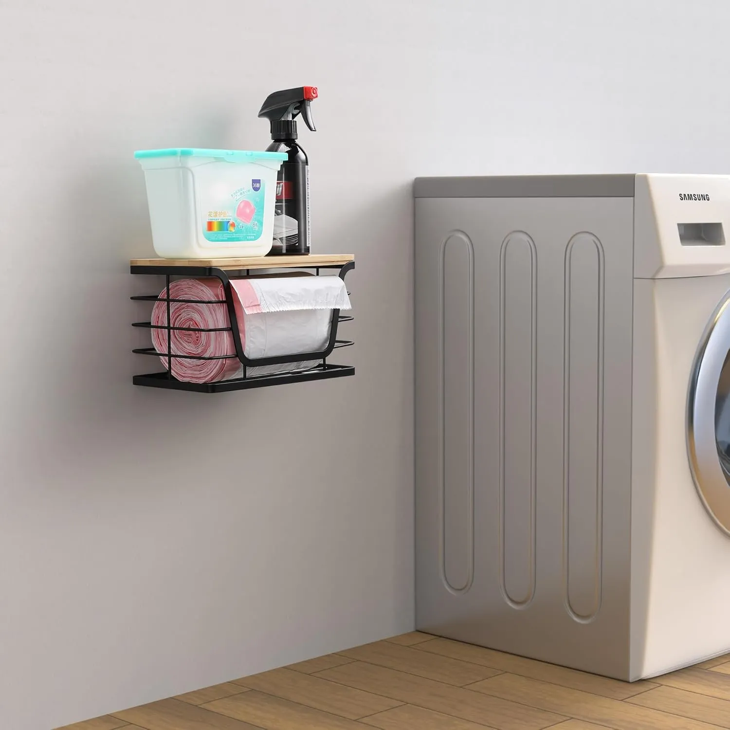 Small Trash Bag Holder with Bamboo Top, Wall Mount Standard Garbage Bag Dispenser for Laundry Room Organization/Kitchen Under Sink, Suitable for Small Size Roll