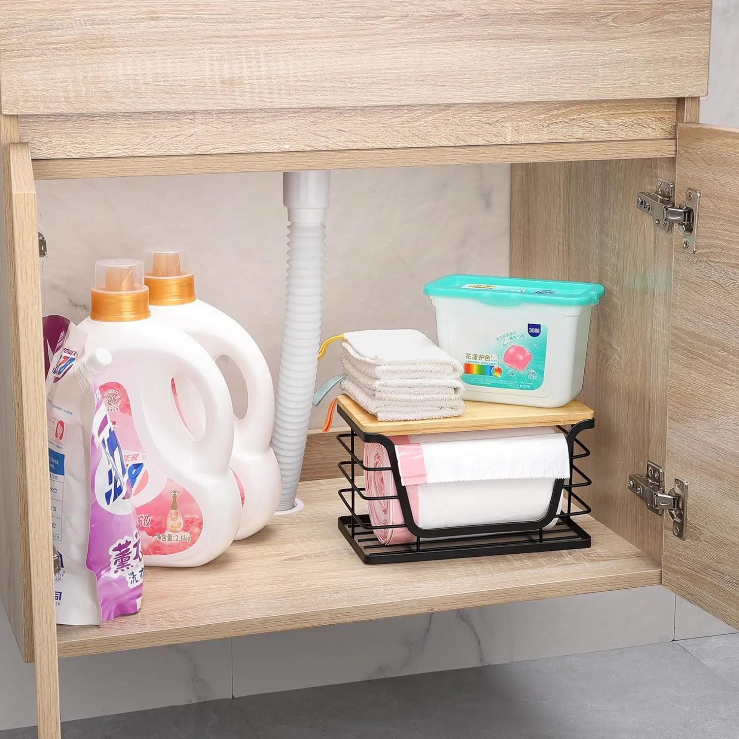 Small Trash Bag Holder with Bamboo Top, Wall Mount Standard Garbage Bag Dispenser for Laundry Room Organization/Kitchen Under Sink, Suitable for Small Size Roll