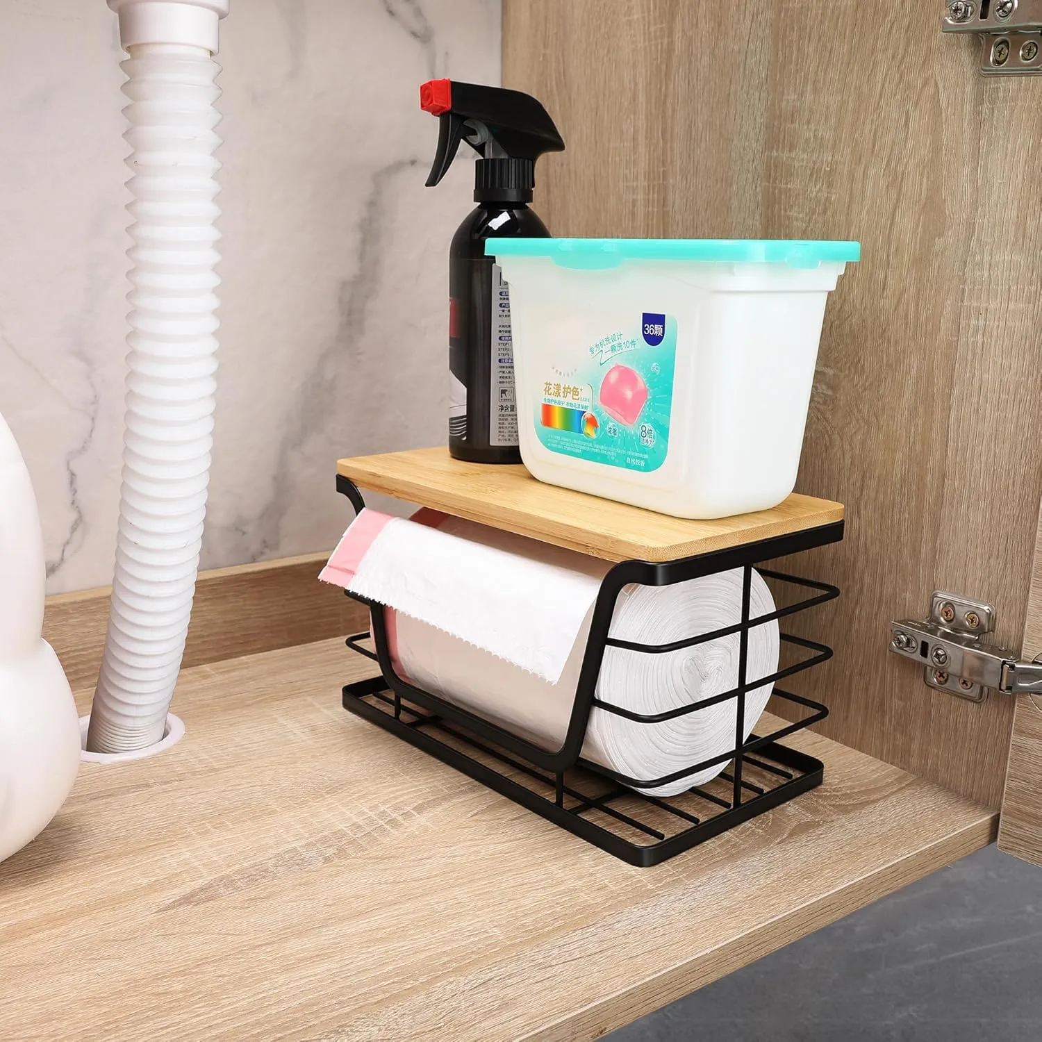 Small Trash Bag Holder with Bamboo Top, Wall Mount Standard Garbage Bag Dispenser for Laundry Room Organization/Kitchen Under Sink, Suitable for Small Size Roll