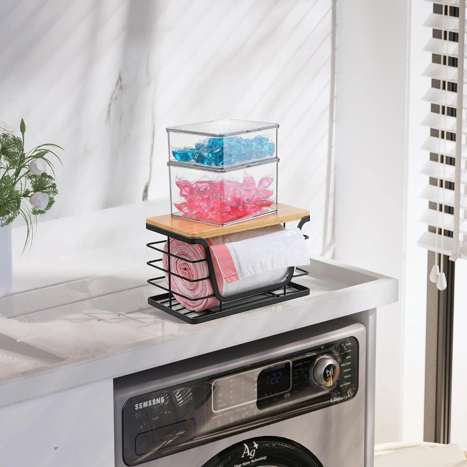 Small Trash Bag Holder with Bamboo Top, Wall Mount Standard Garbage Bag Dispenser for Laundry Room Organization/Kitchen Under Sink, Suitable for Small Size Roll