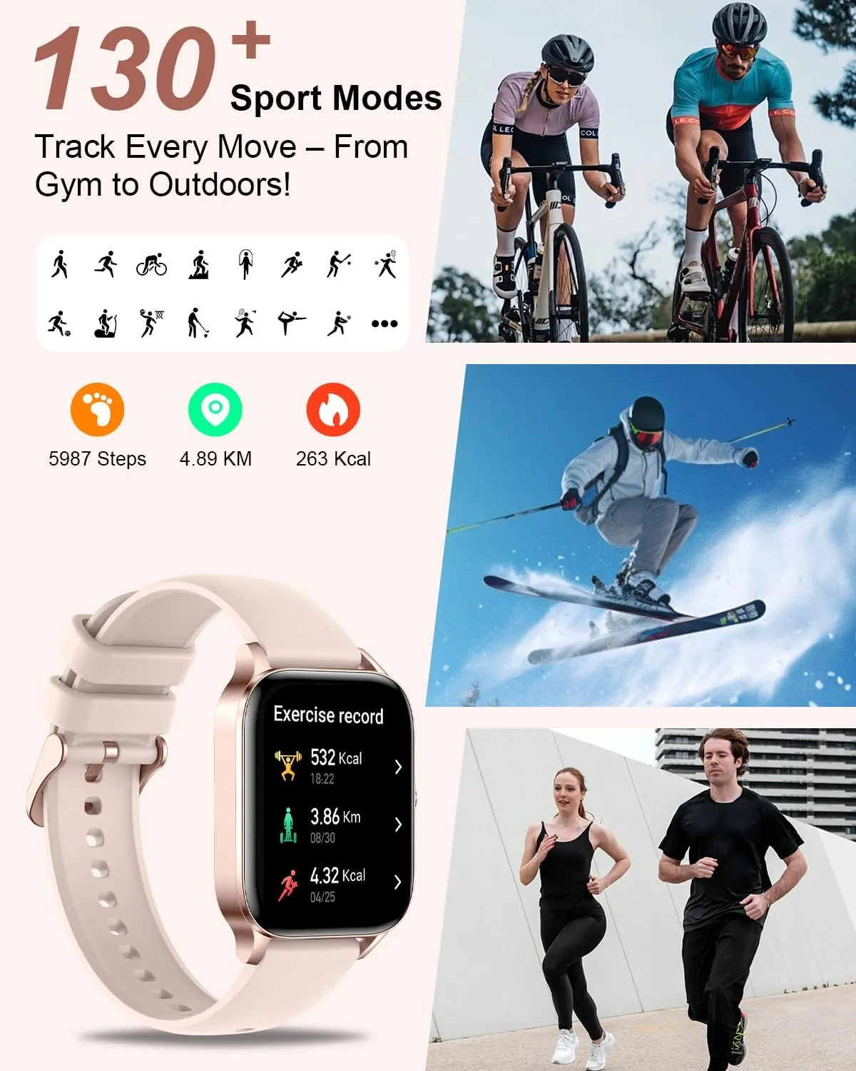 Smart Watch for Women Men, 1.85"HD Fitness Tracker (Answer/Make Call/Messages), 130  Sport Modes with 24/7 Heart Rate/Sleep Monitor/Pedometer, IP68 Waterproof, Smartwatche for Android&iOS (Rose Gold)